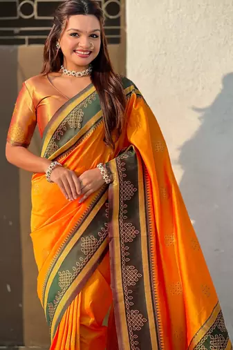 Orange soft silk rangoli art zari weaving saree with contrast blouse piece