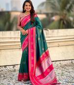 Teal soft silk rangoli art zari weaving saree with contrast blouse piece