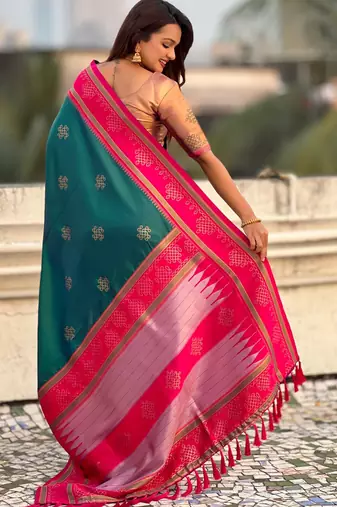 Teal soft silk rangoli art zari weaving saree with contrast blouse piece