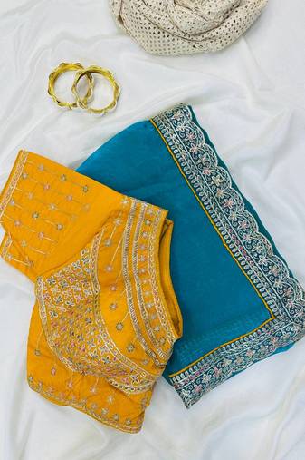 Turuqoise  Color embroidery fancy lace border Satin Saree