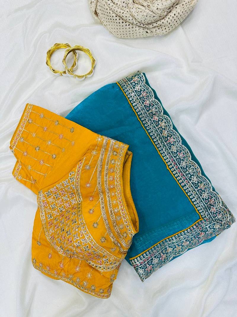 Turuqoise  Color embroidery fancy lace border Satin Saree