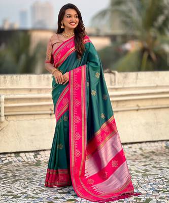 Teal soft silk rangoli art zari weaving saree with contrast blouse piece 3