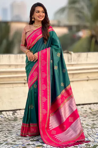 Teal soft silk rangoli art zari weaving saree with contrast blouse piece