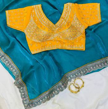 Turuqoise  Color embroidery fancy lace border Satin Saree 2