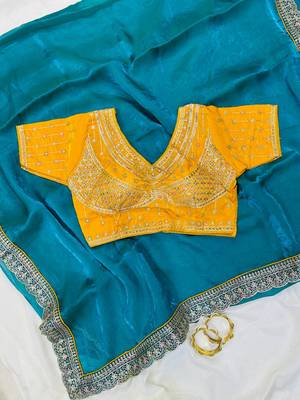 Turuqoise  Color embroidery fancy lace border Satin Saree 3