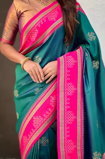 Teal soft silk rangoli art zari weaving saree with contrast blouse piece