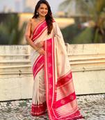 White soft silk rangoli art zari weaving saree with contrast blouse piece