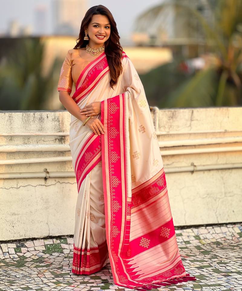 White soft silk rangoli art zari weaving saree with contrast blouse piece