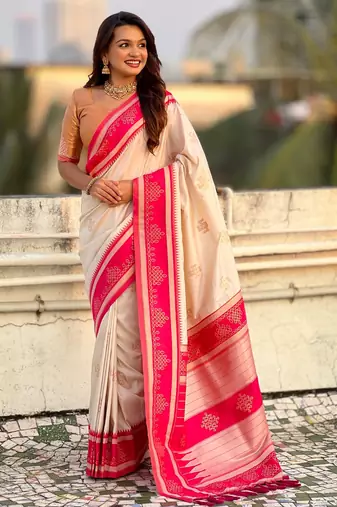 White soft silk rangoli art zari weaving saree with contrast blouse piece