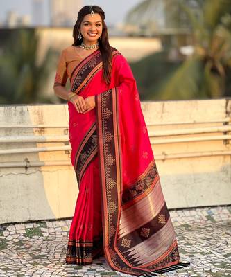 Pink soft silk rangoli art zari weaving saree with contrast blouse piece 1