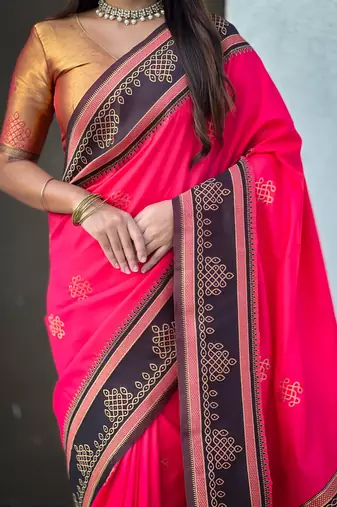 Pink soft silk rangoli art zari weaving saree with contrast blouse piece