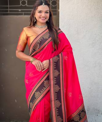 Pink soft silk rangoli art zari weaving saree with contrast blouse piece 5