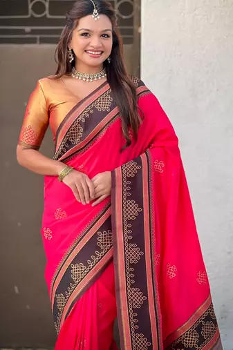 Pink soft silk rangoli art zari weaving saree with contrast blouse piece