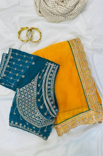 Yellow Color embroidery fancy lace border Satin Saree