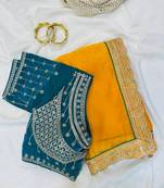 Yellow Color embroidery fancy lace border Satin Saree