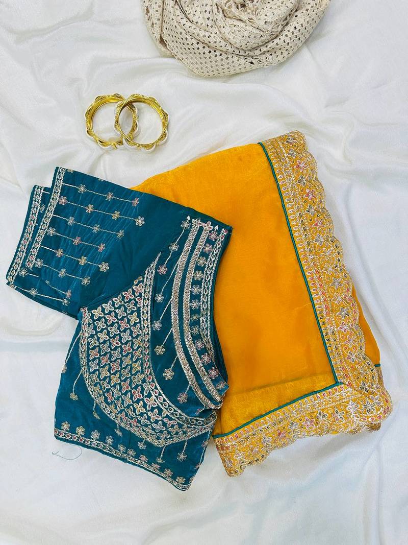 Yellow Color embroidery fancy lace border Satin Saree