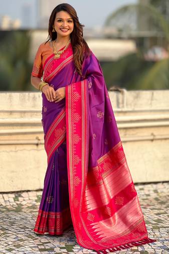 Purple soft silk rangoli art zari weaving saree with contrast blouse piece
