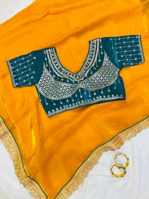 Yellow Color embroidery fancy lace border Satin Saree 2