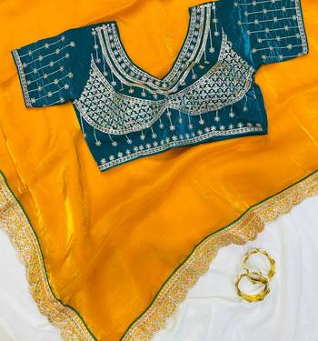 Yellow Color embroidery fancy lace border Satin Saree 3