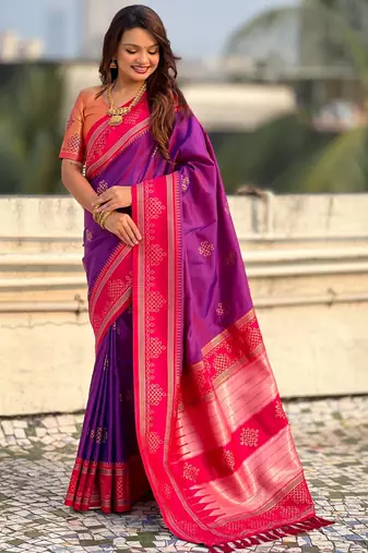 Purple soft silk rangoli art zari weaving saree with contrast blouse piece