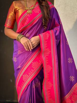 Purple soft silk rangoli art zari weaving saree with contrast blouse piece 4