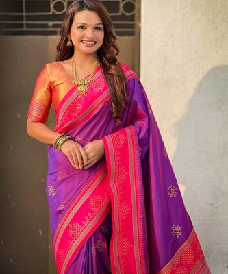 Purple soft silk rangoli art zari weaving saree with contrast blouse piece 5