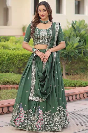 Exclusive Green Zari Work Silk Mehendi Wear Lehenga Choli With Dupatta