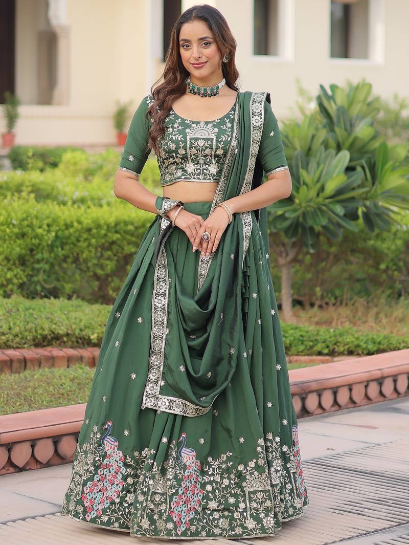 Exclusive Green Zari Work Silk Mehendi Wear Lehenga Choli With Dupatta