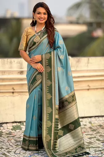 Blue soft silk rangoli art zari weaving saree with contrast blouse piece
