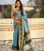 Blue soft silk rangoli art zari weaving saree with contrast blouse piece