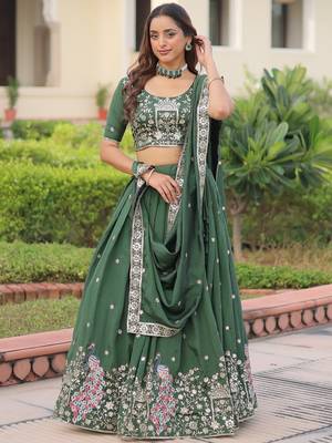 Exclusive Green Zari Work Silk Mehendi Wear Lehenga Choli With Dupatta 3