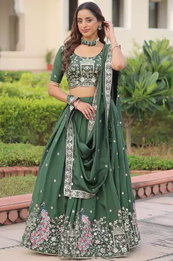 Exclusive Green Zari Work Silk Mehendi Wear Lehenga Choli With Dupatta
