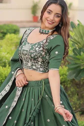 Exclusive Green Zari Work Silk Mehendi Wear Lehenga Choli With Dupatta