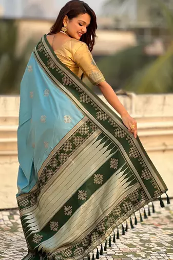 Blue soft silk rangoli art zari weaving saree with contrast blouse piece