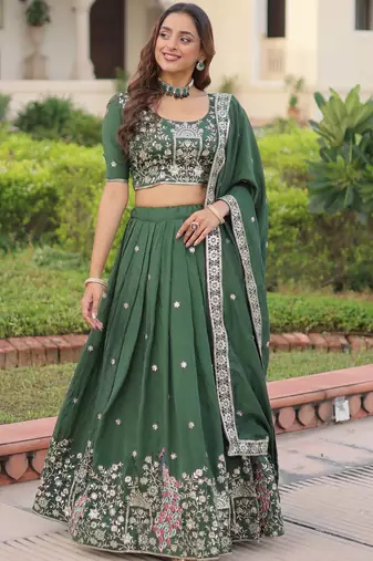 Exclusive Green Zari Work Silk Mehendi Wear Lehenga Choli With Dupatta