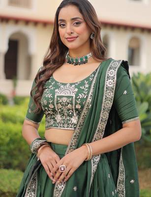 Exclusive Green Zari Work Silk Mehendi Wear Lehenga Choli With Dupatta 6
