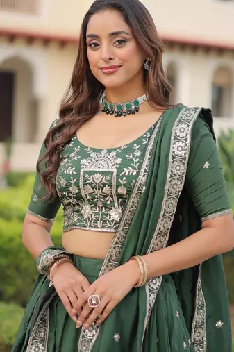 Exclusive Green Zari Work Silk Mehendi Wear Lehenga Choli With Dupatta