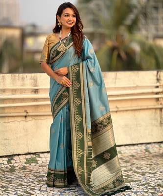 Blue soft silk rangoli art zari weaving saree with contrast blouse piece 3