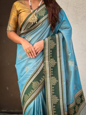 Blue soft silk rangoli art zari weaving saree with contrast blouse piece 4