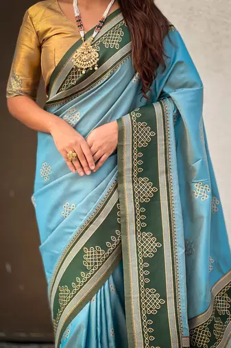 Blue soft silk rangoli art zari weaving saree with contrast blouse piece