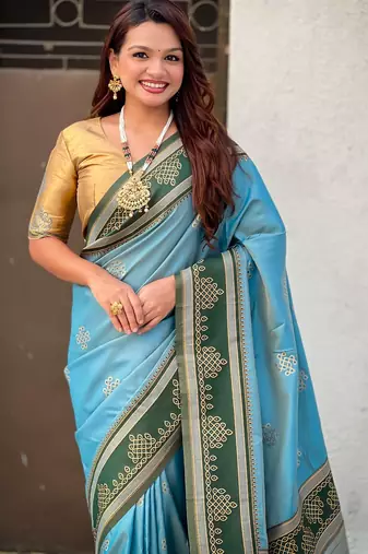Blue soft silk rangoli art zari weaving saree with contrast blouse piece