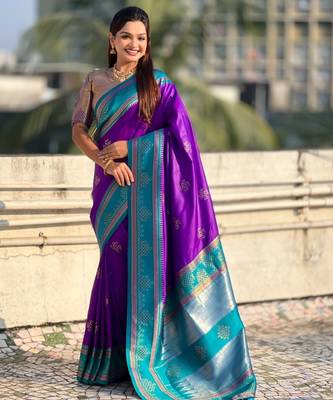 Violet soft silk rangoli art zari weaving saree with contrast blouse piece 1