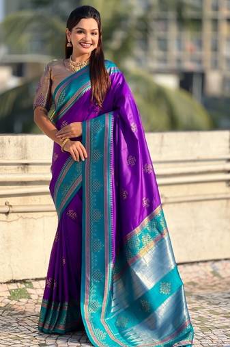 Violet soft silk rangoli art zari weaving saree with contrast blouse piece