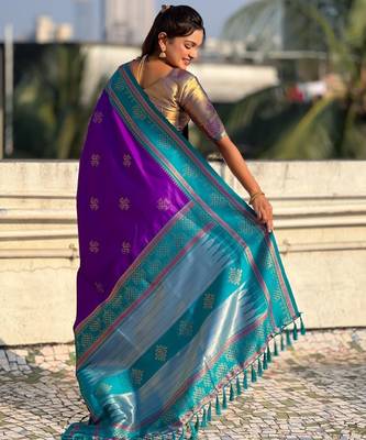 Violet soft silk rangoli art zari weaving saree with contrast blouse piece 2