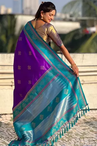 Violet soft silk rangoli art zari weaving saree with contrast blouse piece