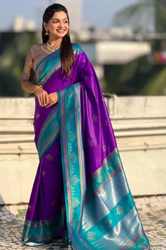 Violet soft silk rangoli art zari weaving saree with contrast blouse piece