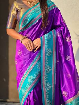 Violet soft silk rangoli art zari weaving saree with contrast blouse piece 4