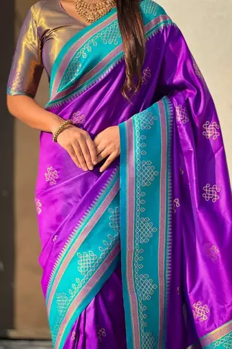 Violet soft silk rangoli art zari weaving saree with contrast blouse piece