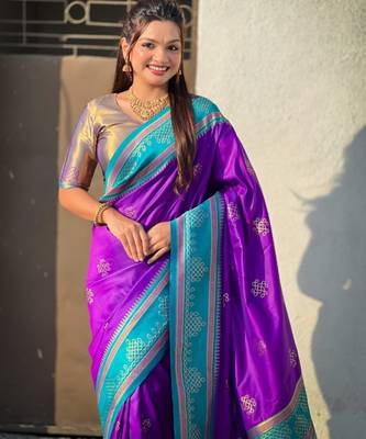 Violet soft silk rangoli art zari weaving saree with contrast blouse piece 5