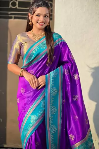 Violet soft silk rangoli art zari weaving saree with contrast blouse piece